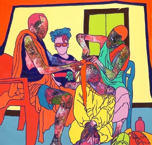 Ajarb-Bernard-Atwega-A-family-something-2021.-Acrylic-on-canvas.-200-x-199-cm.-Courtesy-of-AFIKARIS-Gallery « Kwata Saloon » a solo exhibition of the artist Ajarb Bernard Ategwa at the Afikaris Gallery in Paris